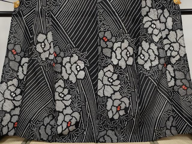 平和屋着物∴極上 夏物 浴衣 有松鳴海絞り 牡丹 黒地 綿 逸品 CYAA3683s5