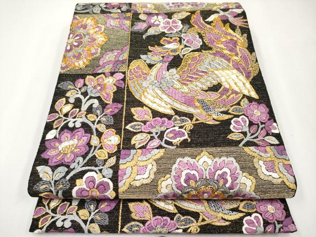 平和屋本店■極上 京の名門 じゅらく謹製 帝王紫 袋帯 総刺繍 駒刺繍 鳳凰草花文 黒地 金糸 逸品 CYAA3778s5