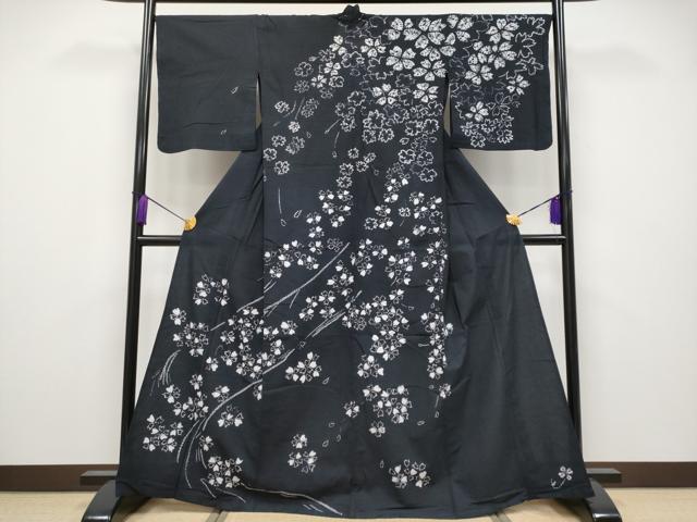平和屋着物∴極上 夏物 浴衣 絵羽 有松鳴海絞り 枝垂れ桜文 黒地 綿 逸品 CYAA5100s6