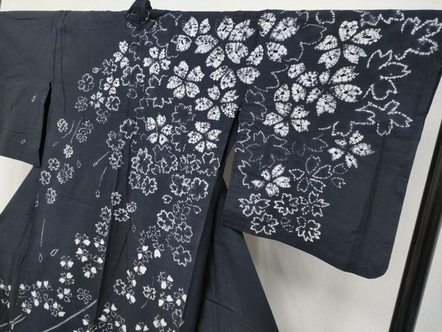 平和屋着物∴極上 夏物 浴衣 絵羽 有松鳴海絞り 枝垂れ桜文 黒地 綿 逸品 CYAA5100s6
