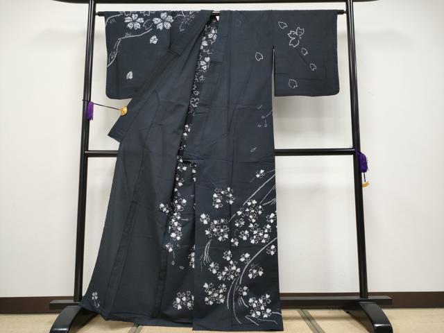平和屋着物∴極上 夏物 浴衣 絵羽 有松鳴海絞り 枝垂れ桜文 黒地 綿 逸品 CYAA5100s6
