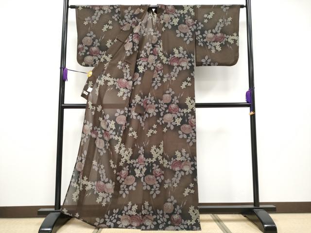 平和屋着物∴極上 夏物 撫松庵 小紋・浴衣兼用 セオアルファ 枝花文 赤墨色地 洗える着物 逸品 CYAA3801s5