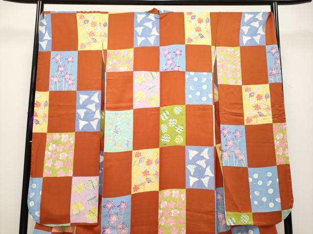 平和屋本店■極上 振袖 作家物 市松千鳥花蝶文 丹色地 東武百貨店扱い 逸品 未使用 CYAA3819s5
