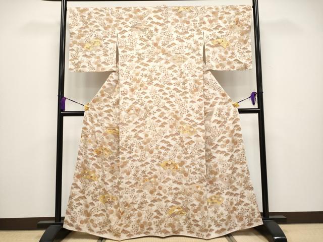 平和屋本店●極上 銀座きしや 訪問着 駒刺繍 絞り 扇面枝花文 金彩 灰梅色地 逸品 未使用 CYAA3837s5