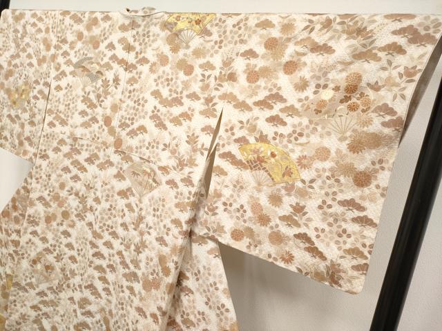 平和屋本店●極上 銀座きしや 訪問着 駒刺繍 絞り 扇面枝花文 金彩 灰梅色地 逸品 未使用 CYAA3837s5