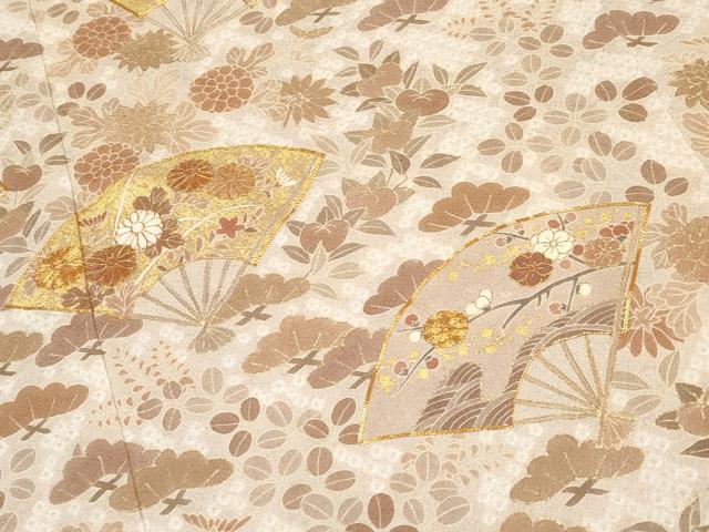 平和屋本店●極上 銀座きしや 訪問着 駒刺繍 絞り 扇面枝花文 金彩 灰梅色地 逸品 未使用 CYAA3837s5