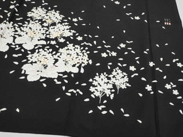 平和屋着物●極上 訪問着 作家物 駒刺繍 舞桜 黒地 金彩 逸品 CYAA3856s5