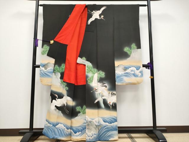 平和屋着物●極上 アンティーク 大正ロマン 中国三大刺繍 相良刺繍 振袖 手描き 鶴 松 暈し染め 黒地 金糸 逸品 CYAA3866s5
