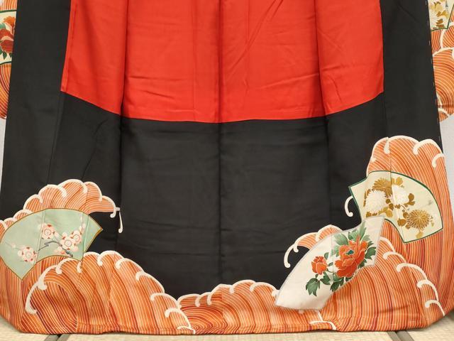 平和屋着物■極上 アンティーク 大正ロマン 振袖 地紙花鳥文 黒地 金彩 逸品 CYAA3871s5