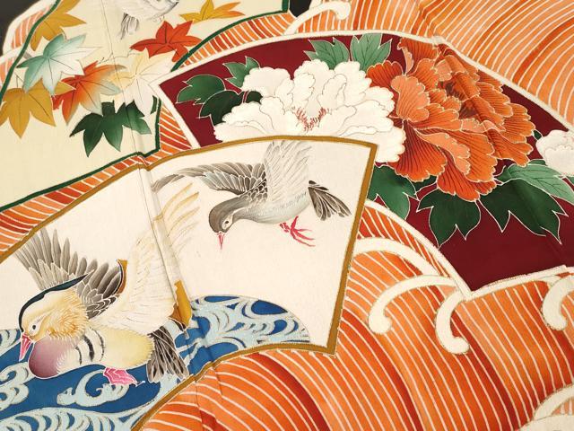 平和屋着物■極上 アンティーク 大正ロマン 振袖 地紙花鳥文 黒地 金彩 逸品 CYAA3871s5