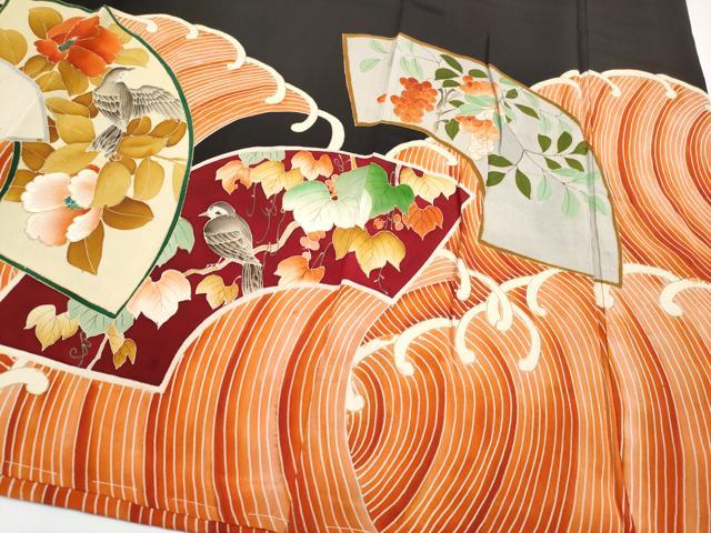 平和屋着物■極上 アンティーク 大正ロマン 振袖 地紙花鳥文 黒地 金彩 逸品 CYAA3871s5