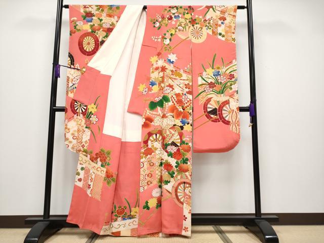 平和屋着物●極上 アンティーク 大正ロマン 振袖 駒刺繍 花車文 銀朱色地 逸品 CYAA3872s5