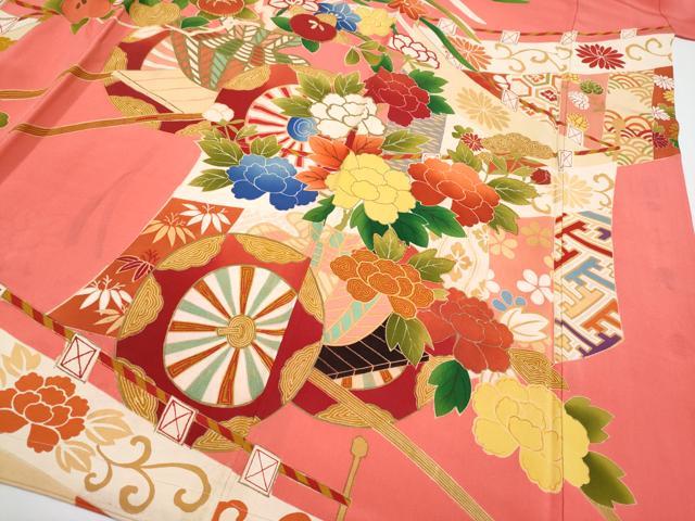 平和屋着物●極上 アンティーク 大正ロマン 振袖 駒刺繍 花車文 銀朱色地 逸品 CYAA3872s5