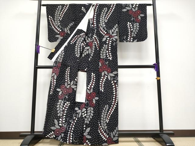 平和屋着物∴極上 夏物 浴衣 有松鳴海絞り 菊唐草文 黒地 綿 逸品 CYAA3884s5