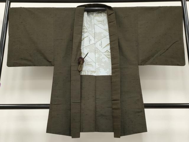 平和屋着物●極上 男性 髭紬 アンサンブル 色無地 海松茶色地 逸品 CYAA3915s5