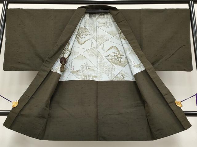 平和屋着物●極上 男性 髭紬 アンサンブル 色無地 海松茶色地 逸品 CYAA3915s5