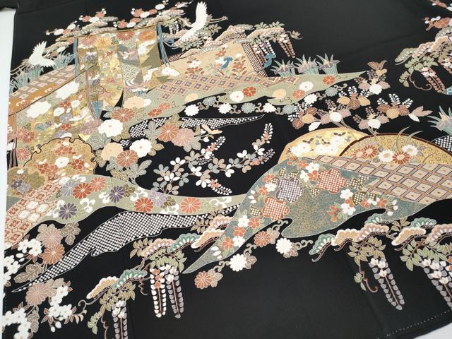 平和屋着物●極上 創業460年・千總 黒留袖 駒刺繍 御所車飛鶴花文 金彩 三越扱い 逸品 CYAA3941s5