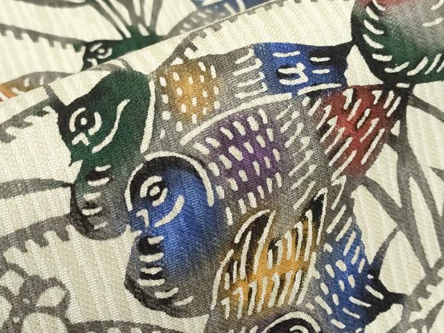 平和屋着物●極上 西陣 大光謹製 全通柄袋帯 紅型 群鳥 灰汁色 証紙付き 逸品 未使用 CYAA3973s6