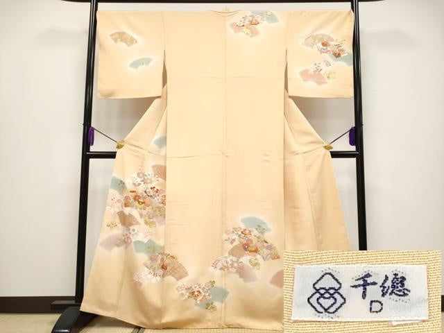 平和屋本店●極上 創業460年・千總 訪問着 駒刺繍 地紙草花文 暈し染め 金彩 雄黄色地 逸品 未使用 CYAA4001s6