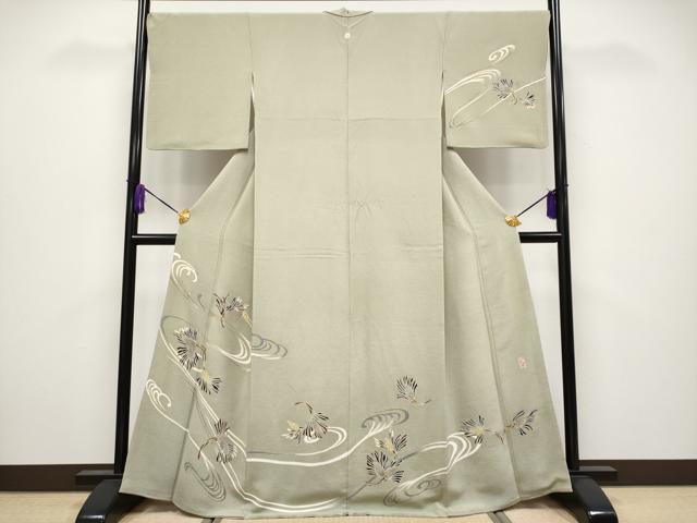 平和屋本店●希少 浦野理一 御子息 浦野範雄 訪問着 松葉文 金彩 鬼しぼ縮緬 利休茶色地 逸品 CYAA4005s6