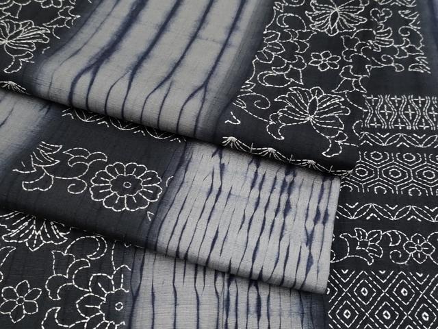 平和屋本店●極上 紬 刺繍 刺し子 杢目絞り 花唐草間道 逸品 CYAA4010s6