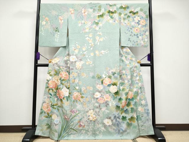 平和屋本店●極上 京友禅の第一人者 松井青々 訪問着 刺繍 草花文 金銀彩 山葵色地 逸品 CYAA4047s6