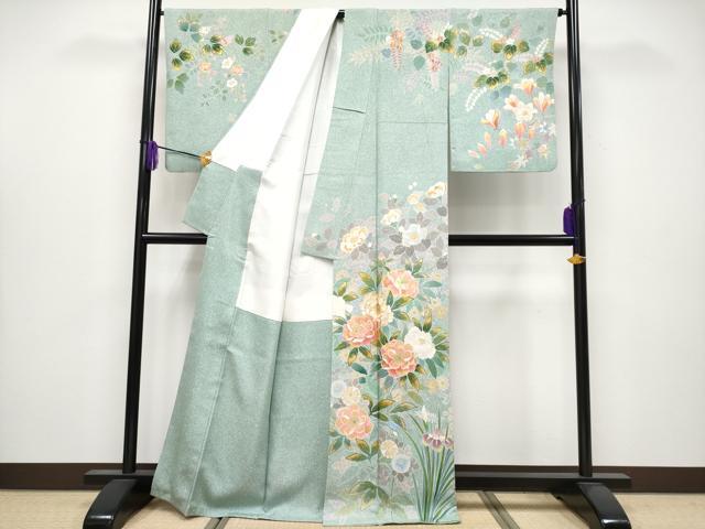 平和屋本店●極上 京友禅の第一人者 松井青々 訪問着 刺繍 草花文 金銀彩 山葵色地 逸品 CYAA4047s6