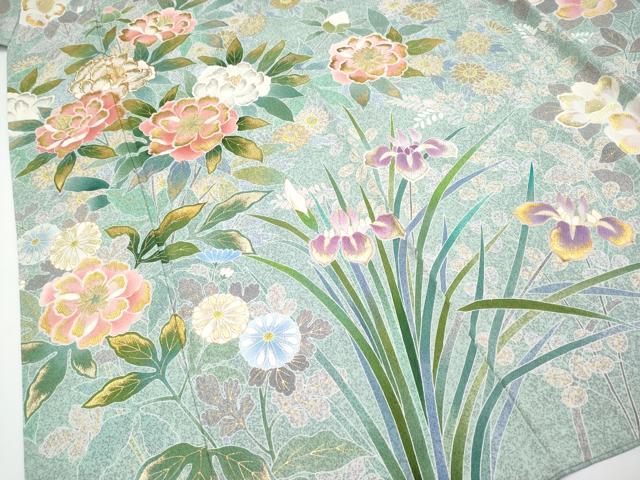 平和屋本店●極上 京友禅の第一人者 松井青々 訪問着 刺繍 草花文 金銀彩 山葵色地 逸品 CYAA4047s6