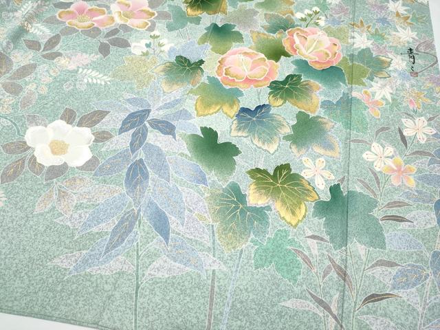 平和屋本店●極上 京友禅の第一人者 松井青々 訪問着 刺繍 草花文 金銀彩 山葵色地 逸品 CYAA4047s6