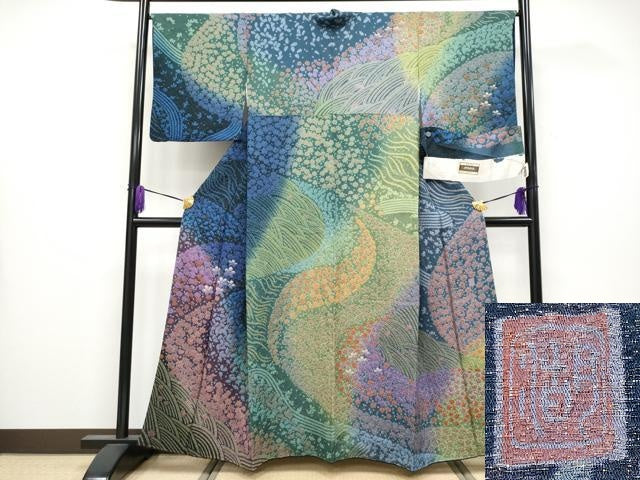 平和屋本店●極上 十日町 名門 滝泰謹製 中国三大刺繍 相良刺繍 訪問着 おぼろ染 襲絞り 舞花文 金通し地 反端付 逸品 CYAA4053s6