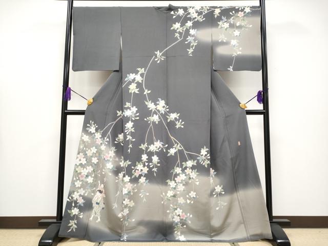 平和屋本店●極上 十日町 加賀草木友禅の第一人者 田村哲彦 訪問着 童子 枝垂れ桜 暈し染め 墨色地 逸品 CYAA4061s6