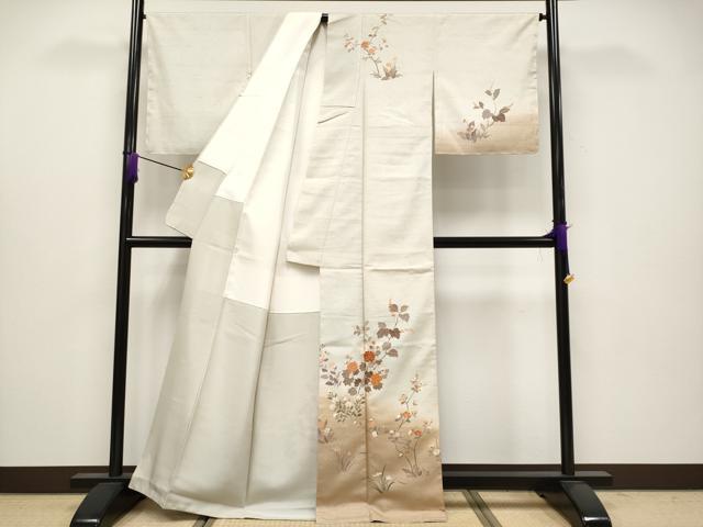平和屋着物●極上 石川県指定無形文化財 牛首紬 白山工房 手織 訪問着 刺繍 草花文 金彩 証紙付 亜麻色 上代70万 逸品 未使用 CYAA4064s6