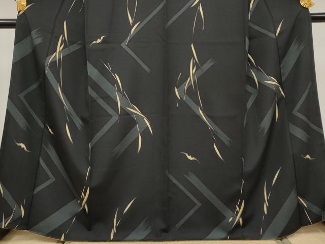 平和屋着物●極上 紬 背抜き仕立て コウモリ 笹 黒地 金彩 逸品 未使用 CYAA4065s6