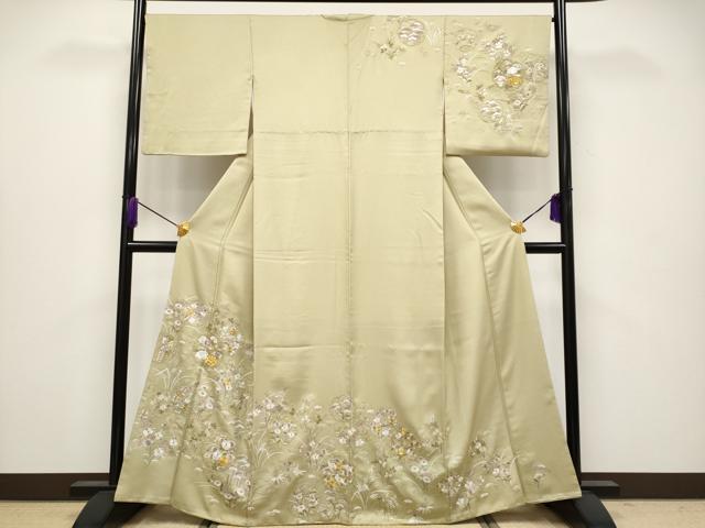 平和屋本店●極上 中国三大刺繍 相良刺繍 訪問着 駒刺繍 雪輪草花文 利休茶色 金糸 逸品 CYAA4069s6