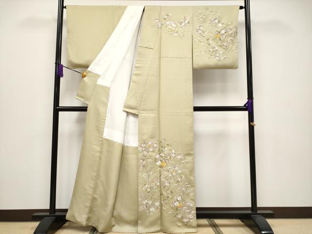 平和屋本店●極上 中国三大刺繍 相良刺繍 訪問着 駒刺繍 雪輪草花文 利休茶色 金糸 逸品 CYAA4069s6