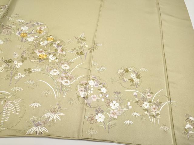平和屋本店●極上 中国三大刺繍 相良刺繍 訪問着 駒刺繍 雪輪草花文 利休茶色 金糸 逸品 CYAA4069s6