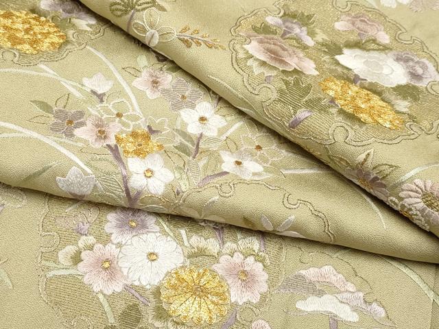 平和屋本店●極上 中国三大刺繍 相良刺繍 訪問着 駒刺繍 雪輪草花文 利休茶色 金糸 逸品 CYAA4069s6