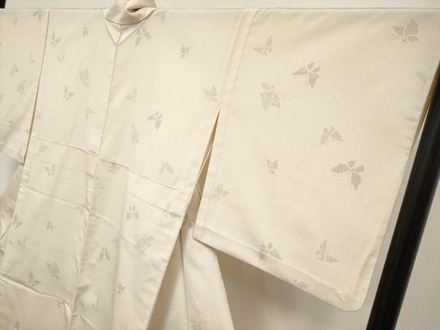 平和屋着物▽極上 本塩沢 単衣 110亀甲 舞蝶文 白茶色地 逸品 CYAA4070s6