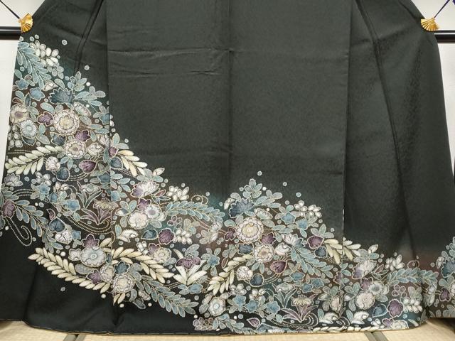 平和屋着物●極上 訪問着 辻が花 暈し染め 金彩 黒緑色地 逸品 未使用 CYAA4077s6
