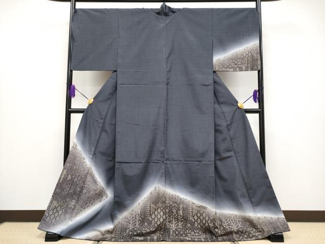 平和屋着物●極上　訪問着　紬地　切嵌花文　やまと誂製　濃紺地　逸品　CYAA4085s6 平和屋着物○極上 訪問着 紬地 切嵌花文 やまと誂製