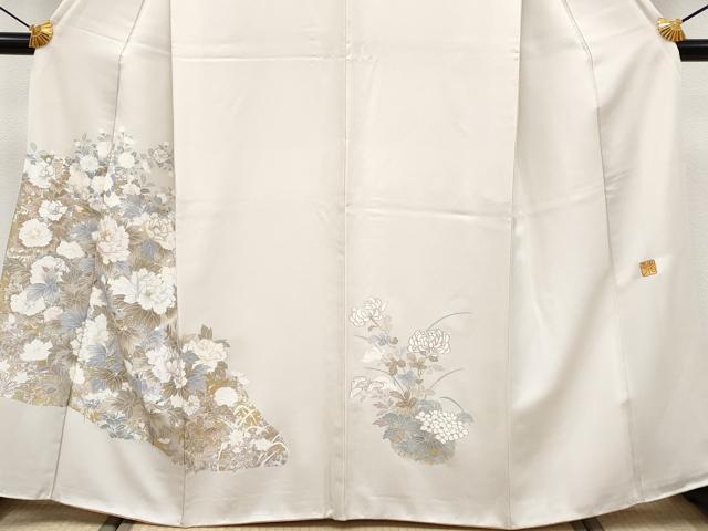 平和屋着物●極上 金彩友禅作家 金彩の魔術師 堀省平 金煌織 訪問着 草花文 灰白色地 金銀彩 逸品 CYAA4099s6