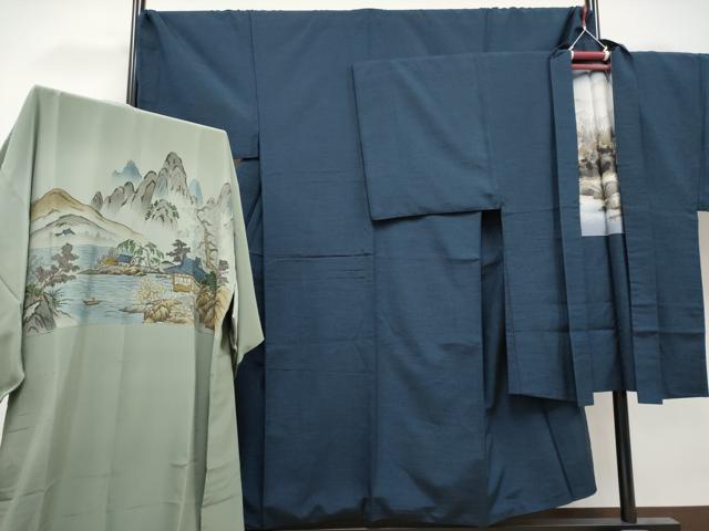 平和屋着物●極上 男性 紬 アンサンブル・長襦袢セット 色無地 藍鉄色地 逸品 CYAA4115s6