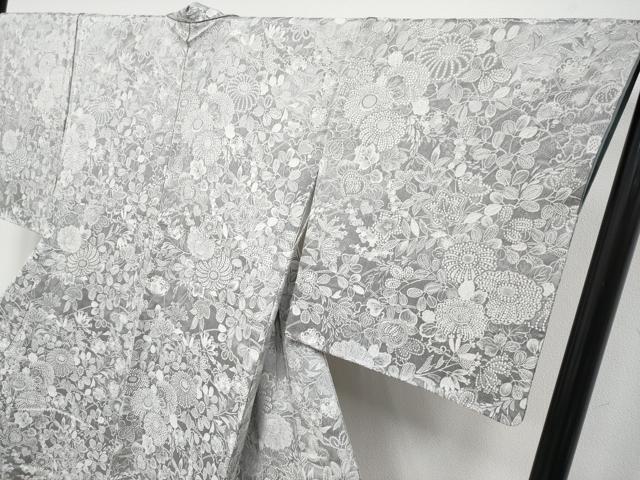 平和屋着物●極上 山岡古都・古都染人 染織美術品 薬墨染 天目織 お召 草花文 反端付き 逸品 未使用 CYAA4153s6