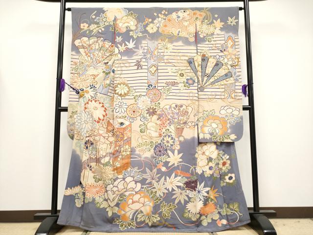 平和屋着物●極上 アンティーク 大正ロマン 振袖 駒刺繍 貝桶檜扇草花文 薄鼠色地 逸品 CYAA4168s6