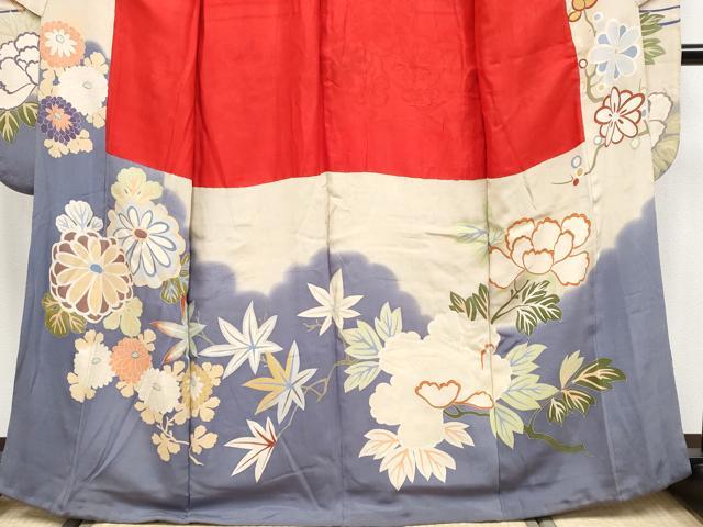平和屋着物●極上 アンティーク 大正ロマン 振袖 駒刺繍 貝桶檜扇草花文 薄鼠色地 逸品 CYAA4168s6