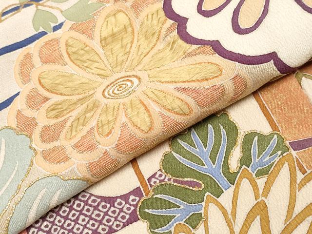 平和屋着物●極上 アンティーク 大正ロマン 振袖 駒刺繍 貝桶檜扇草花文 薄鼠色地 逸品 CYAA4168s6