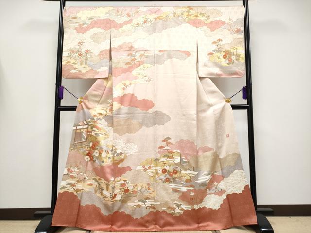 平和屋本店●極上 皇室献上作家 藤井寛 訪問着 駒刺繍 雲重ね風景文 金彩 灰梅色地 逸品 CYAA4177s6
