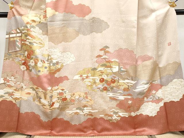 平和屋本店●極上 皇室献上作家 藤井寛 訪問着 駒刺繍 雲重ね風景文 金彩 灰梅色地 逸品 CYAA4177s6
