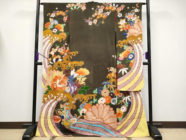平和屋着物●極上 アンティーク 大正ロマン 振袖 駒刺繍 立波枝花文 金彩 逸品 CYAA4180s6