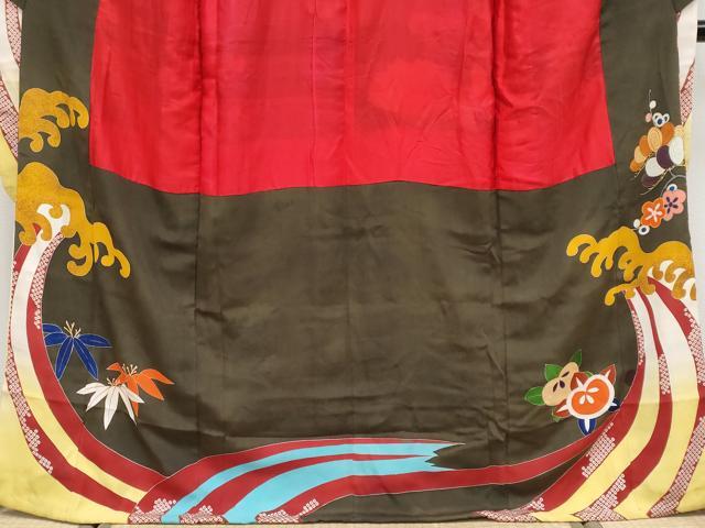 平和屋着物●極上 アンティーク 大正ロマン 振袖 駒刺繍 立波枝花文 金彩 逸品 CYAA4180s6